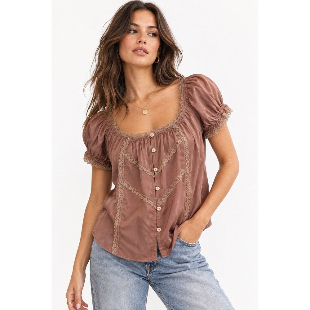Anthropologie Lace Trim Silky Blouse XXS Brown Puff Sleeve Button Front Romantic